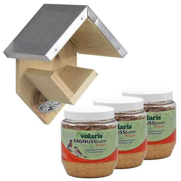 volaris - Erdnussbutter mit Insekten 3 x 350 g + Esschert Design Erdnussbutterhaus